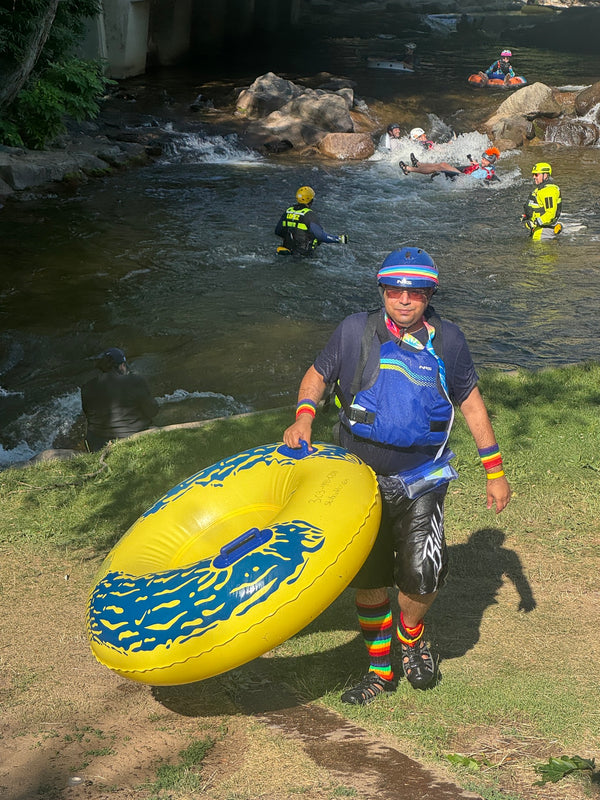 Happy tuber with tube on Boulder Creek